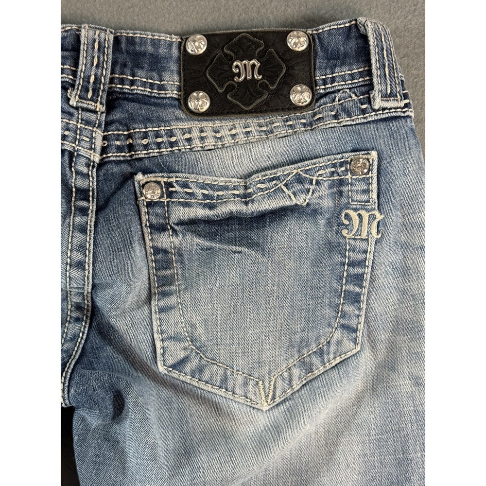Miss Me Bootcut Jeans Womens 27 Medium Wash Blue Low Rise Distressed JES3108PX